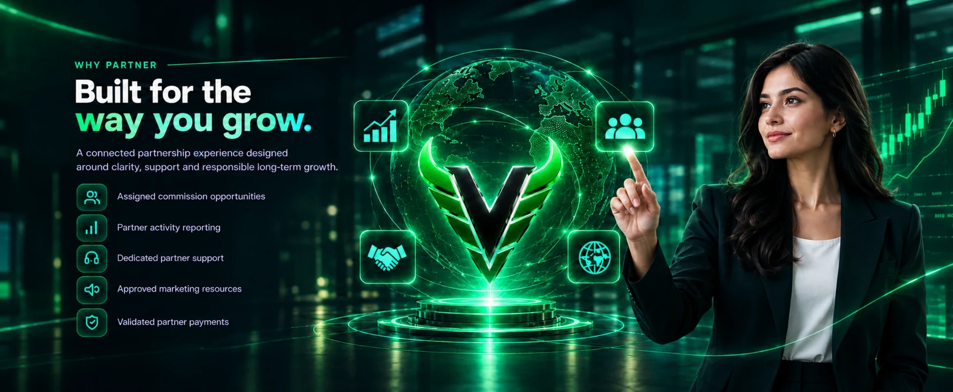Why partner: Built for the way you grow. Assigned commission opportunities, partner activity reporting, dedicated partner support, approved marketing resources, and validated partner payments.